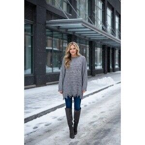 Umgee pullover Sweater Womens Gray Distressed Frayed Hem Tunic Knit